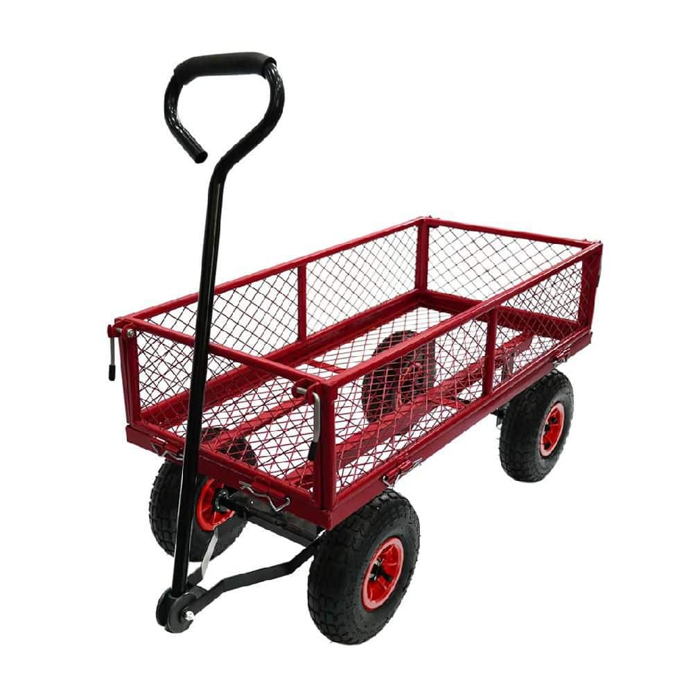 3 cu. ft. Steel Mesh Garden Cart with Removable Sides, 10 in. Wheels and 180° Rotating Handle for Garden and Yard, Red - Hercitys