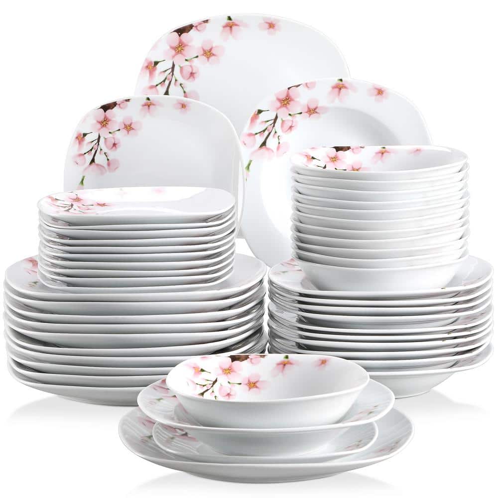 48-Piece Pink Floral Ivory White Porcelain Dinnerware (Set Service for 12) - Hercitys