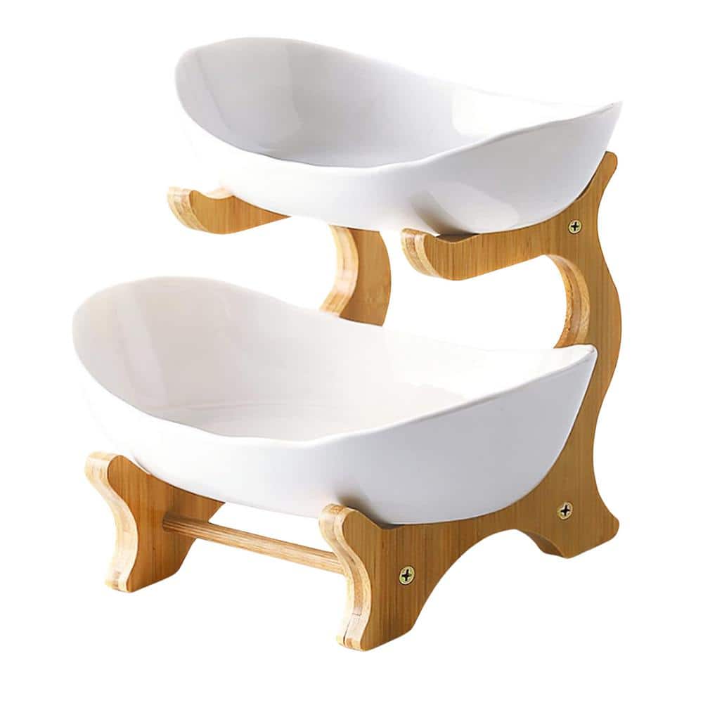 2-Tier Ceramic Fruit Bowl With Bamboo Wood Stand for Kitchen Counter for Vegetable Storage, Snack Dessert in White - Hercitys