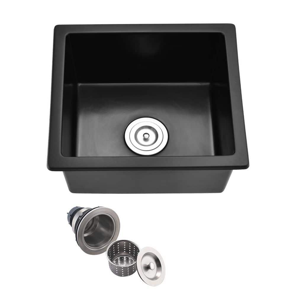 18 in. Undermount Single Bowl Matte Black Quartz Kitchen Sink with Basket Strainer - Hercitys