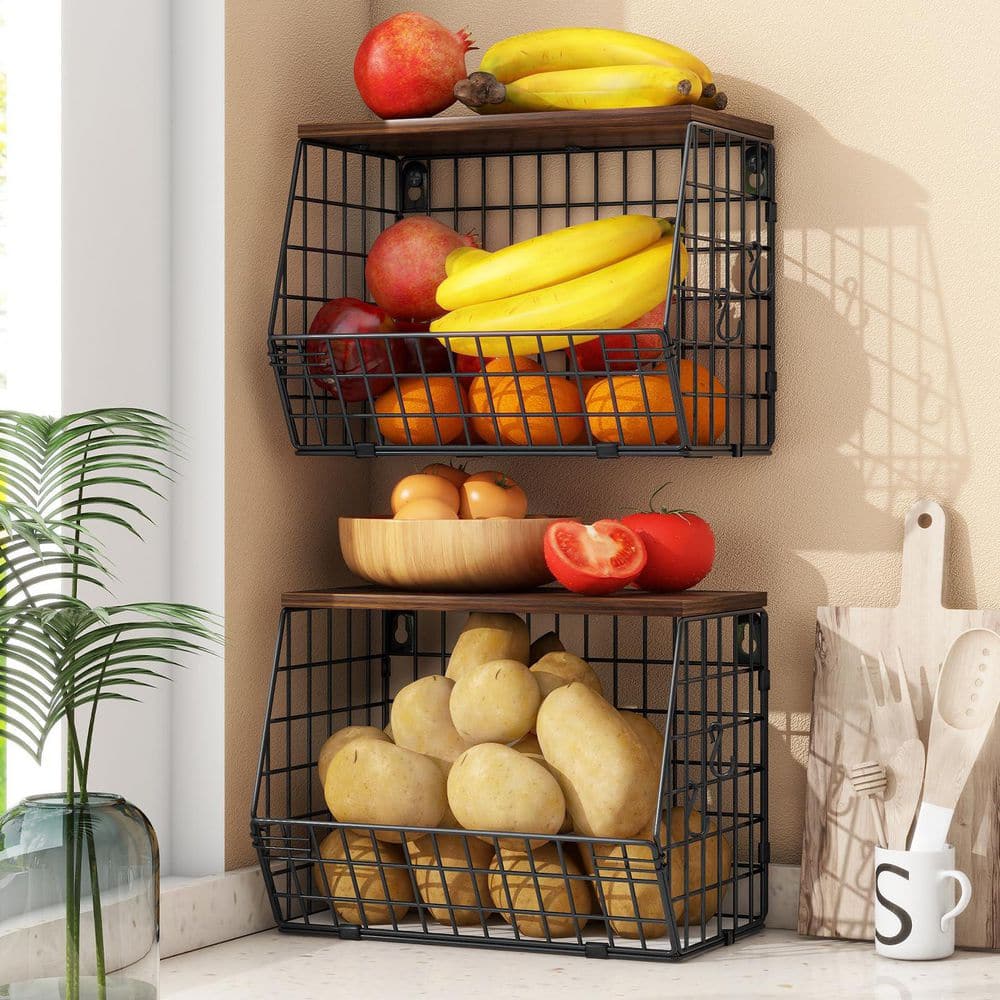2 Pieces Stackable Kitchen Fruit Basket with Wood Lid, Wall and Countertop Organizer, Metal Hanging Fruit Basket - Hercitys