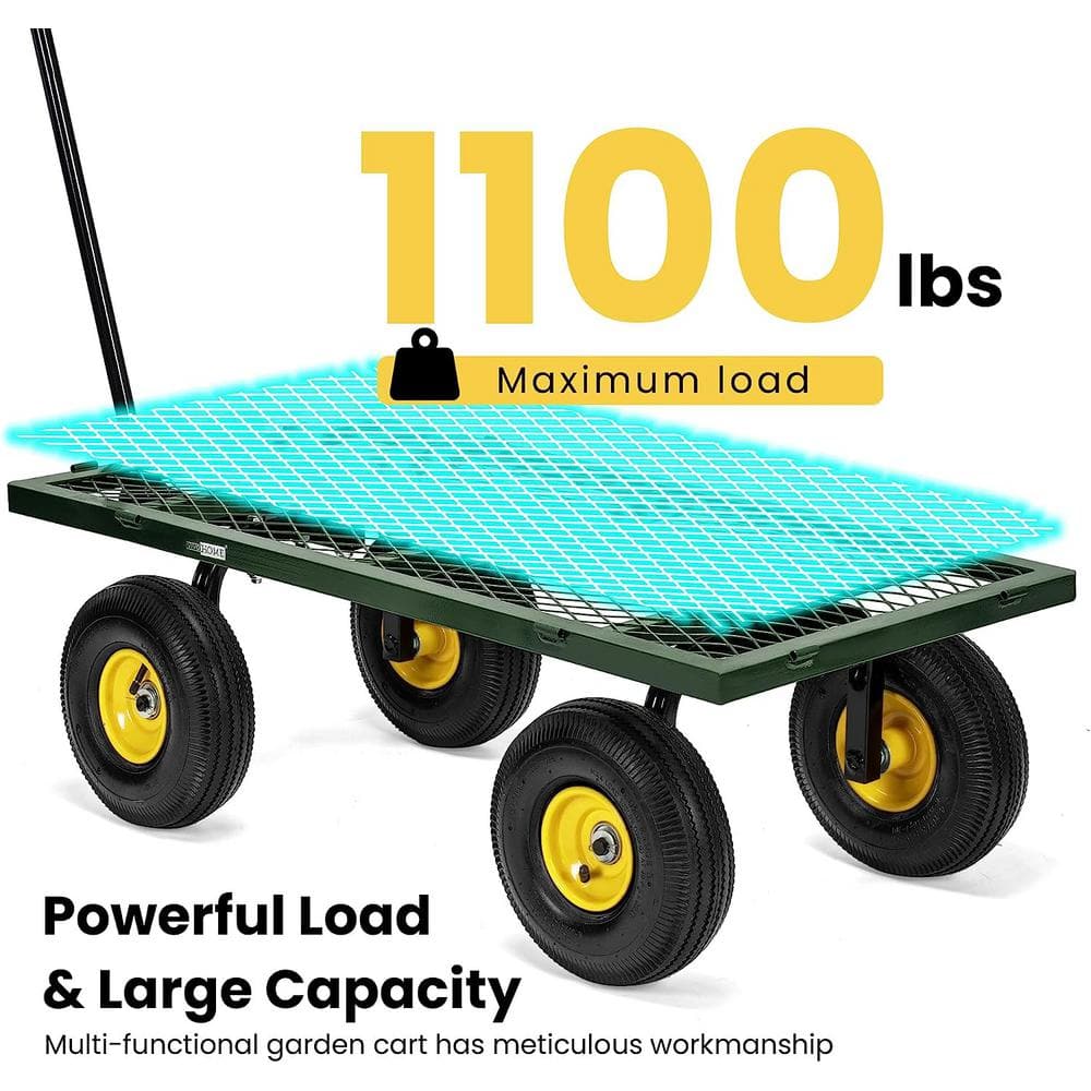 1100 lbs. Capacity Mesh Steel Garden Cart in Green with Removable Sides and Wheels - Hercitys