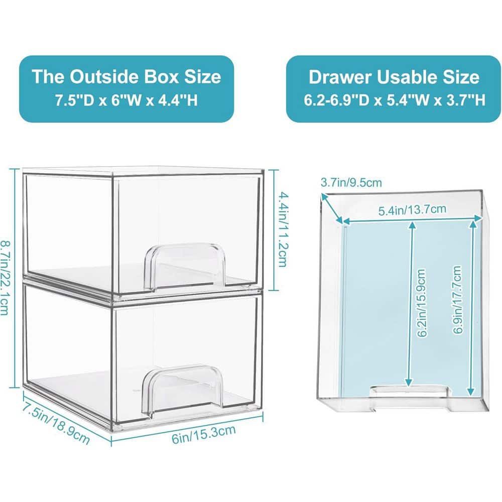 4 Pack Clear Stackable Storage Drawers, 4.4 in. Tall Acrylic Bathroom Makeup Organizer for Kitchen Cabinets - Hercitys