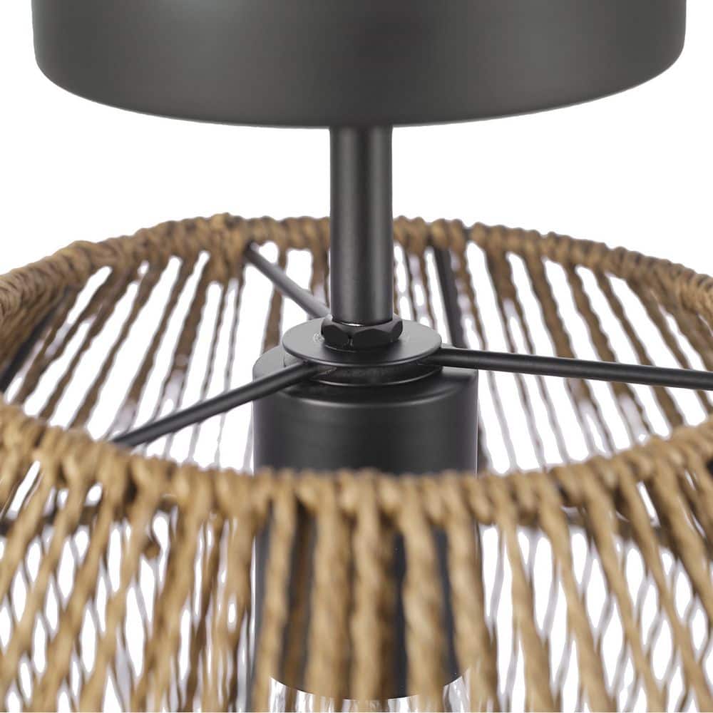 12 in. 1-Light Matte Black Flush Semi-Flush Mount Ceiling Light with Natural Twine Shade - Hercitys