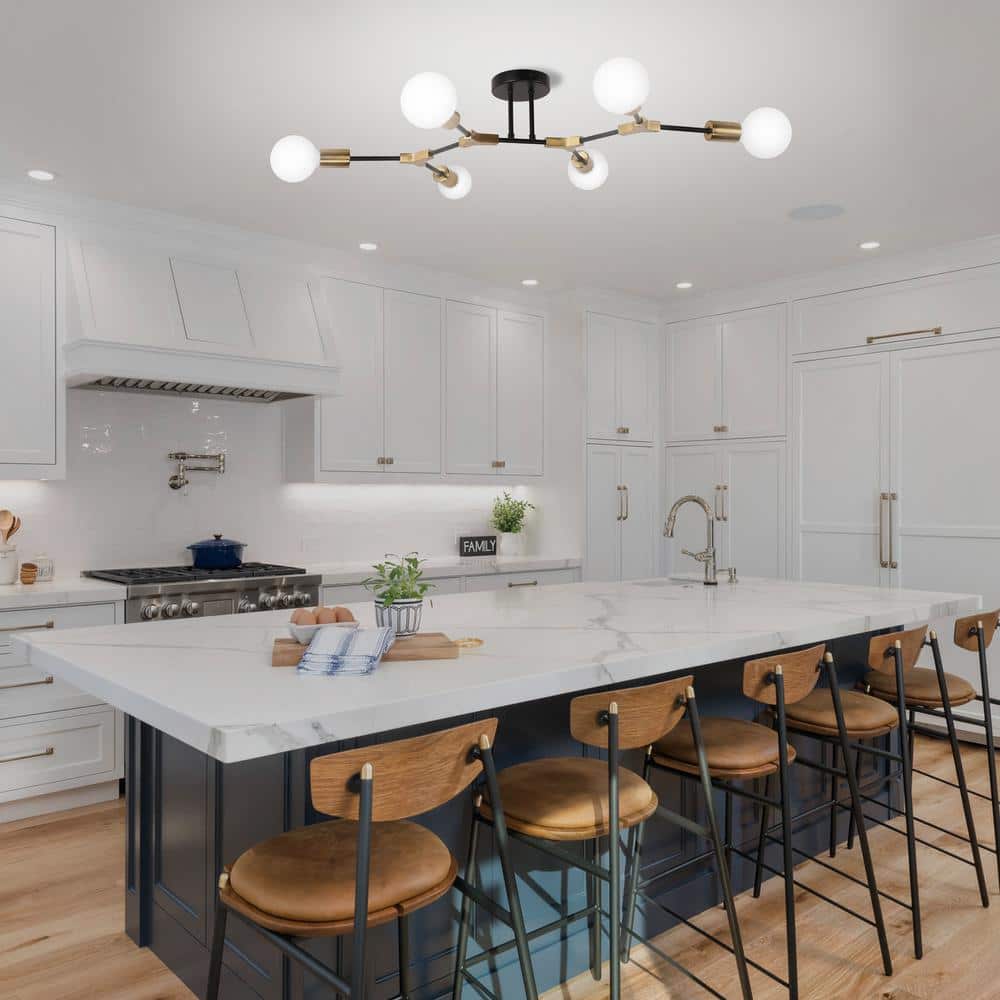 35 in. 6-Light Black and Gold Modern Sputnik Semi-Flush Mount, Mini Chandelier for Bedroom Living Room Hallway - Hercitys