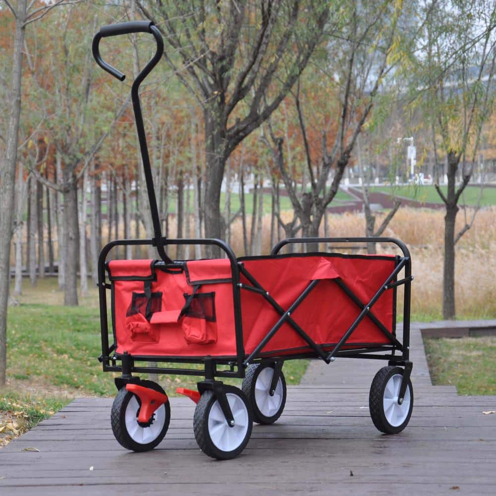4 Cu. Ft. Red Fabric and Steel Frame Outdoor Folding Utility Wagon Garden Cart with Brakes - Hercitys