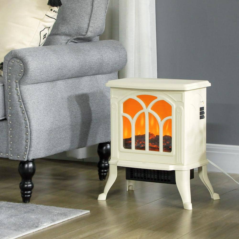 17 in. Freestanding Electric Fireplace Stove Heater with Realistic Logs and Flame Effect and Overheat Protection, Beige - Hercitys