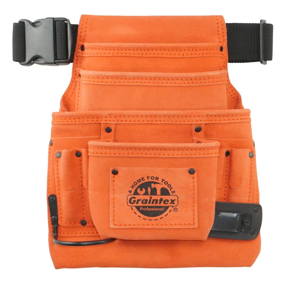 10-Pocket Nail and Tool Pouch with Belt Orange Suede Leather w/Hammer Holder and Measuring Tape Clip - Hercitys