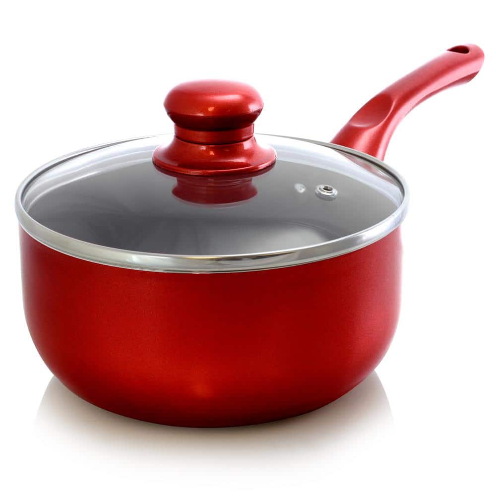 1.5 qt. Aluminum Ceramic Coated Saucepan in Red with Glass Lid - Hercitys