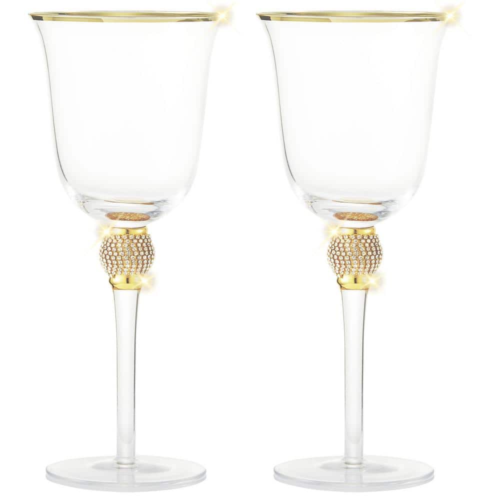 (Set of 6) Luxurious Rose and White 18 oz. Wine Glass with Dazzling Rhinestone Design and Gold tone Rim - Hercitys