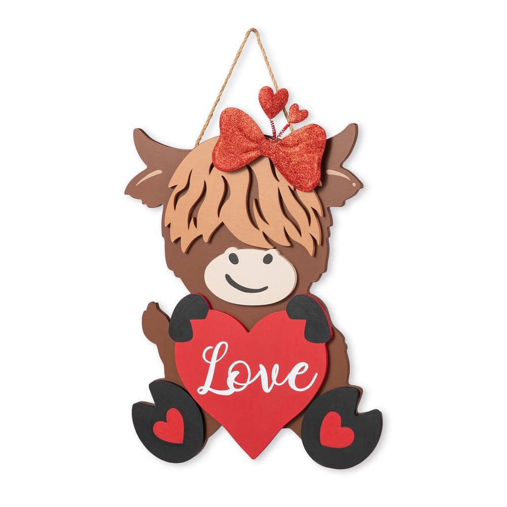 18 in. H Valentine’s Wooden Highland Cow with Heart Door Hanger - Hercitys