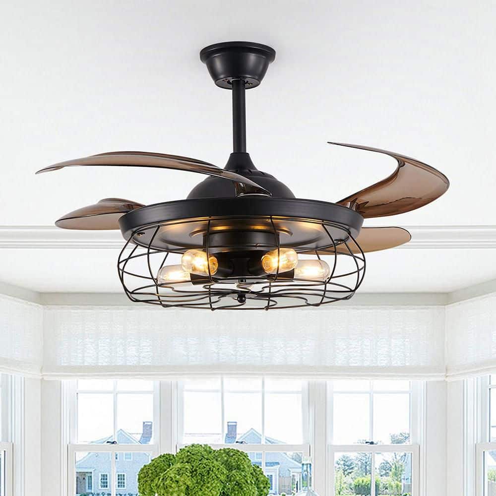 48 in. 5-Light Vintage Indoor Matte Black Retractable Caged Ceiling fan with Light, Remote, 6-Speeds, Silent - Hercitys