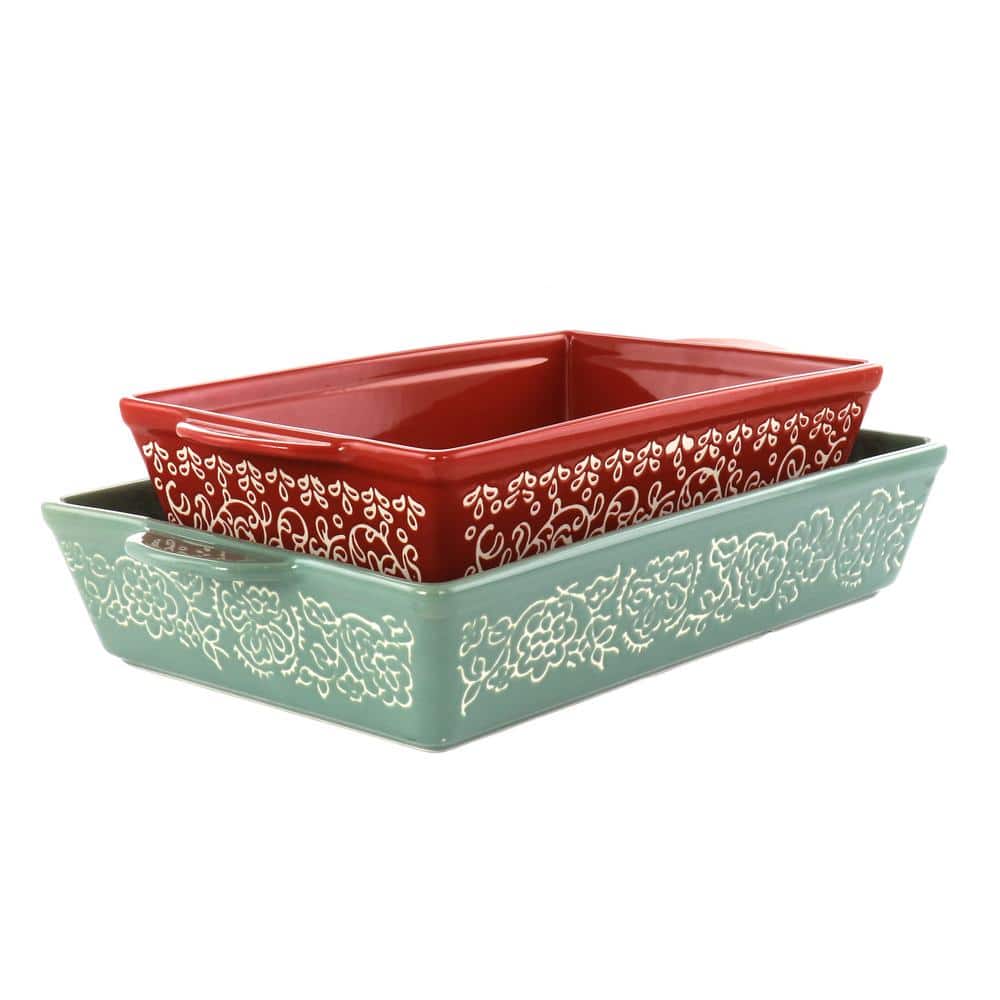 2 Piece Tierra Wax Relief Stoneware Baker Set in Red and Mint - Hercitys