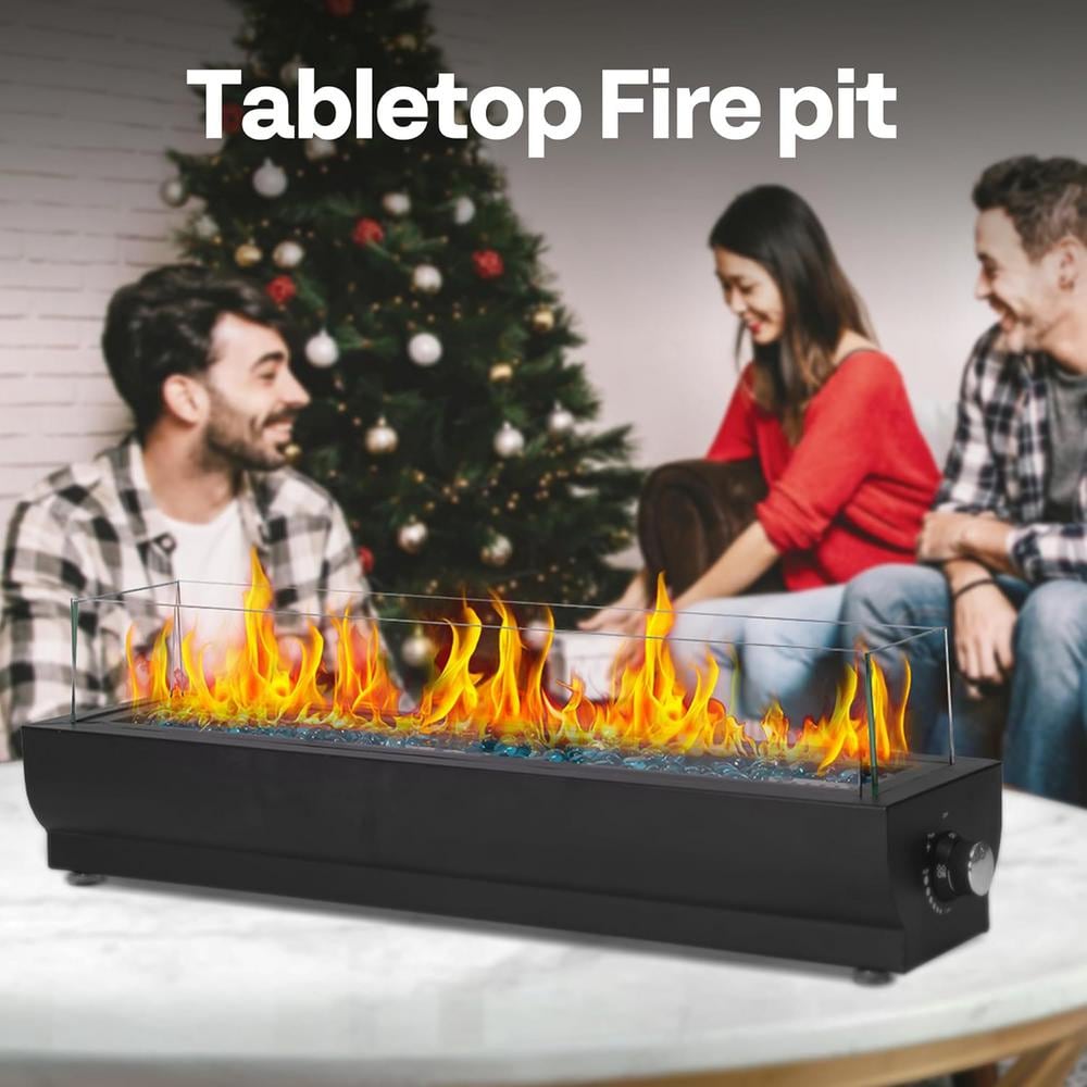 30 in. 40,000 BTU Tabletop Outdoor Propane Fire Pit with Glass Rocks, Wind Glass Shield - Hercitys