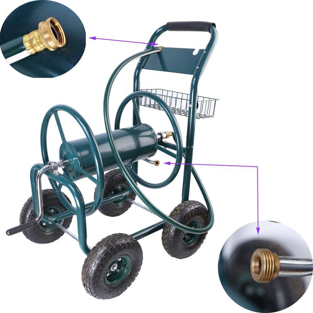 4 Wheels Portable Garden Hose Reel Cart with Storage Basket Rust Resistant Heavy-Duty Water Hose Holder - Hercitys