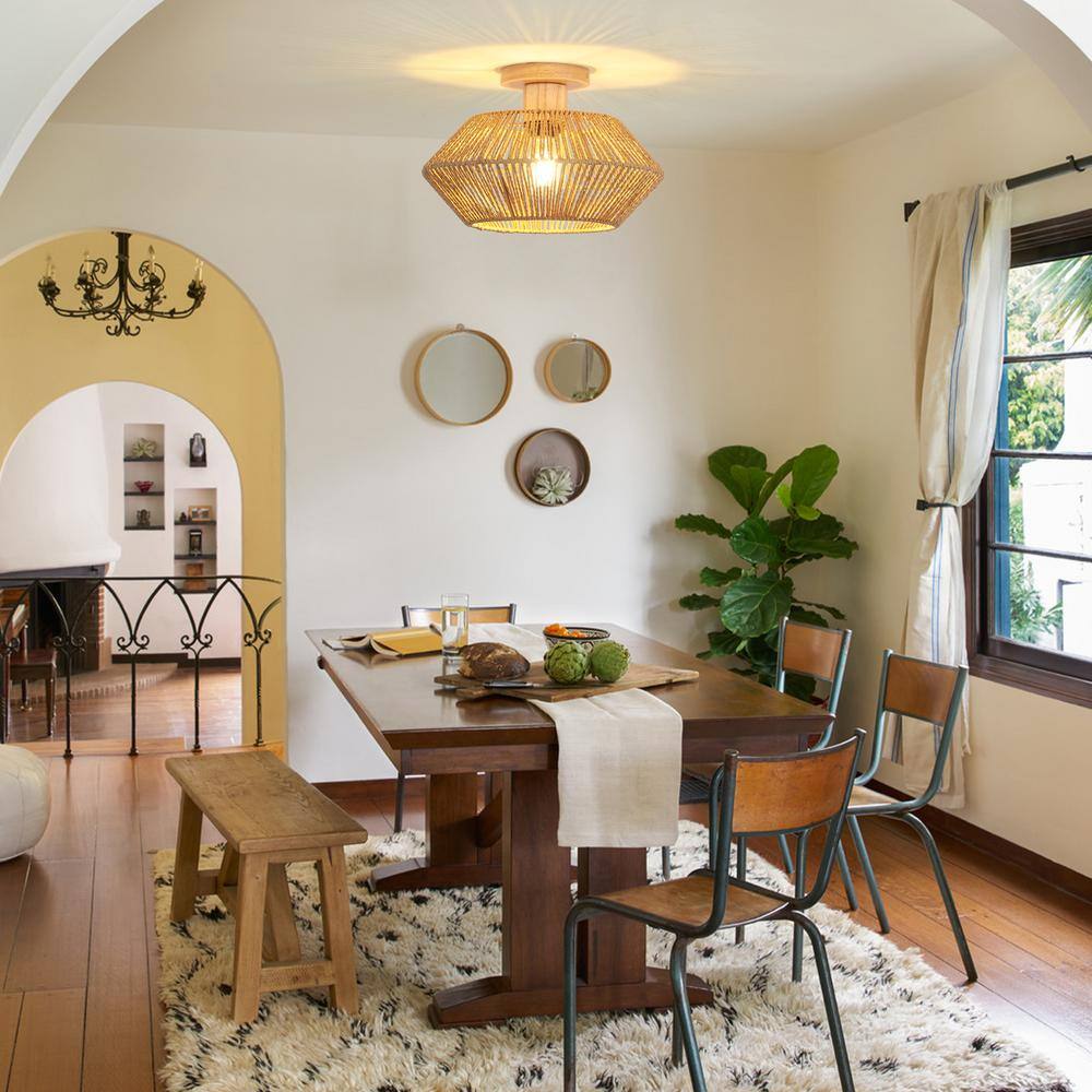 12.6 in. 1-Light Rustic Brown Wooden Semi-Flush Mount Light with Imitation Hemp Rope Shade and No Bulbs Included - Hercitys