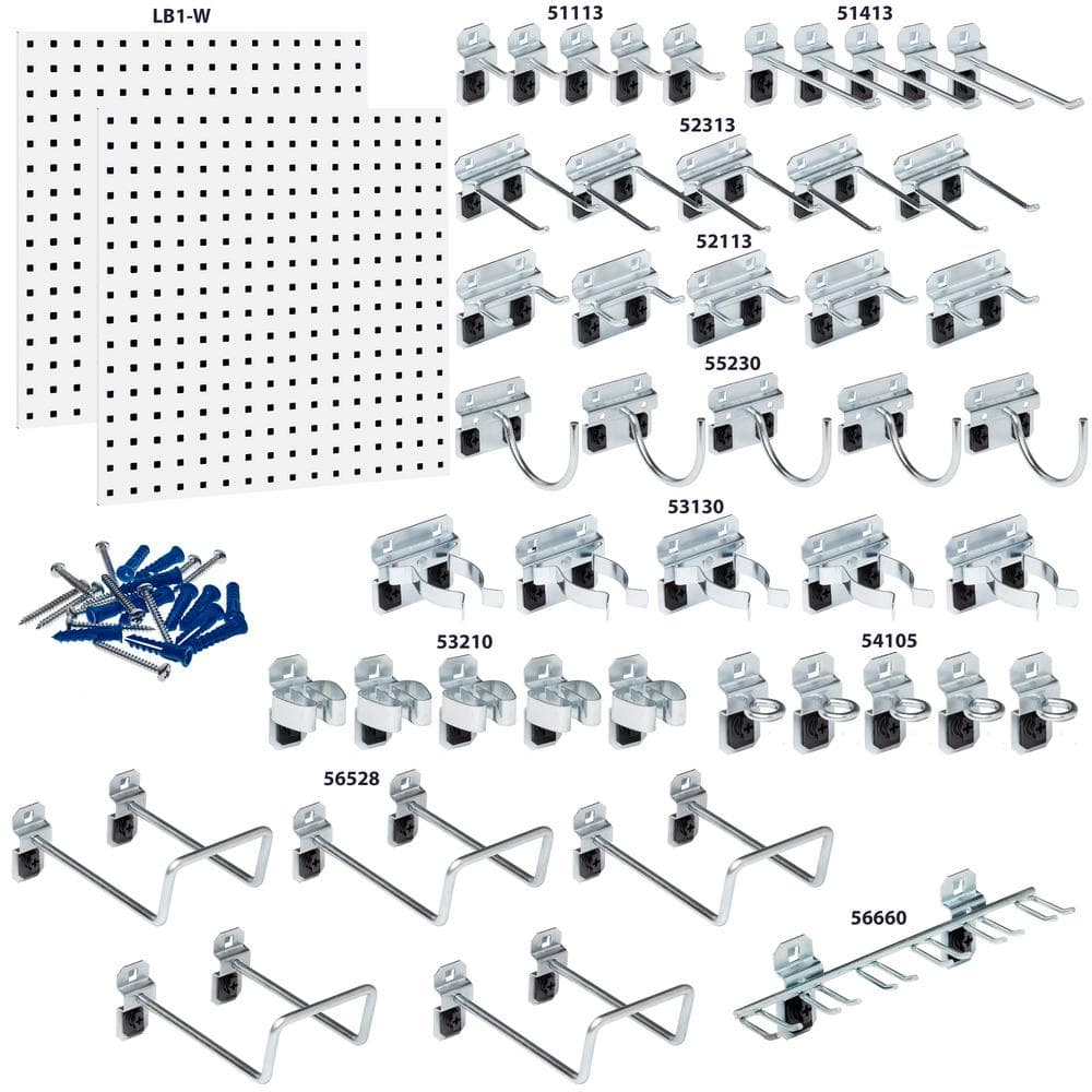 (2) 24 in. W x 24 in. H x 9/16 in. D White Epoxy, 18-Gauge Steel Square Hole Pegboards with 46-Piece LocHook Assortment - Hercitys