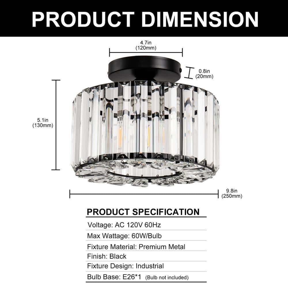 10 in. 1-Light Black Modern Semi-Flush Mount with Crystal Shade and No Bulbs Included - Hercitys