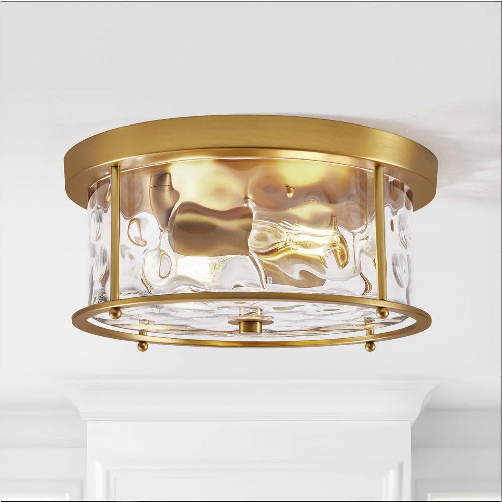 12.5 in. 2-Light Gold Flush Mount Water Ripple Glass Ceiling Light with Metal Frame - Hercitys