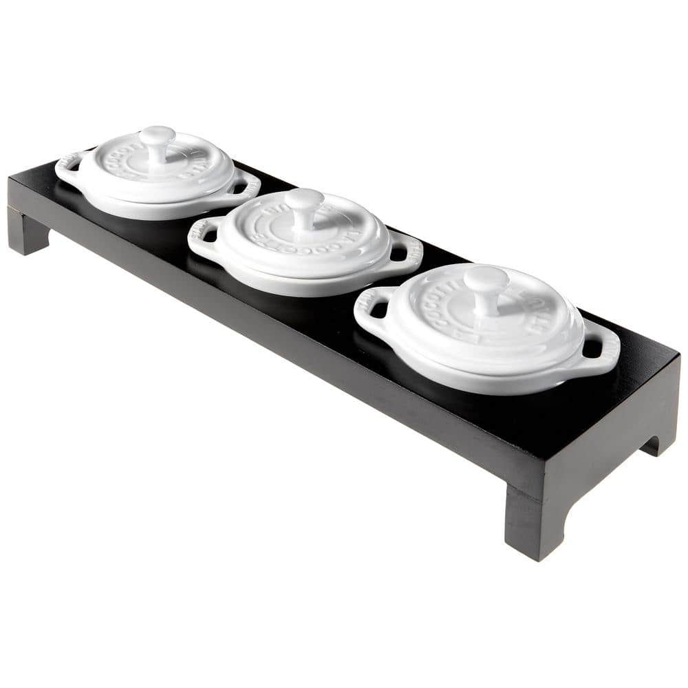 3-Piece White Mini Round Ceramic Cocotte Set with Stand - Hercitys