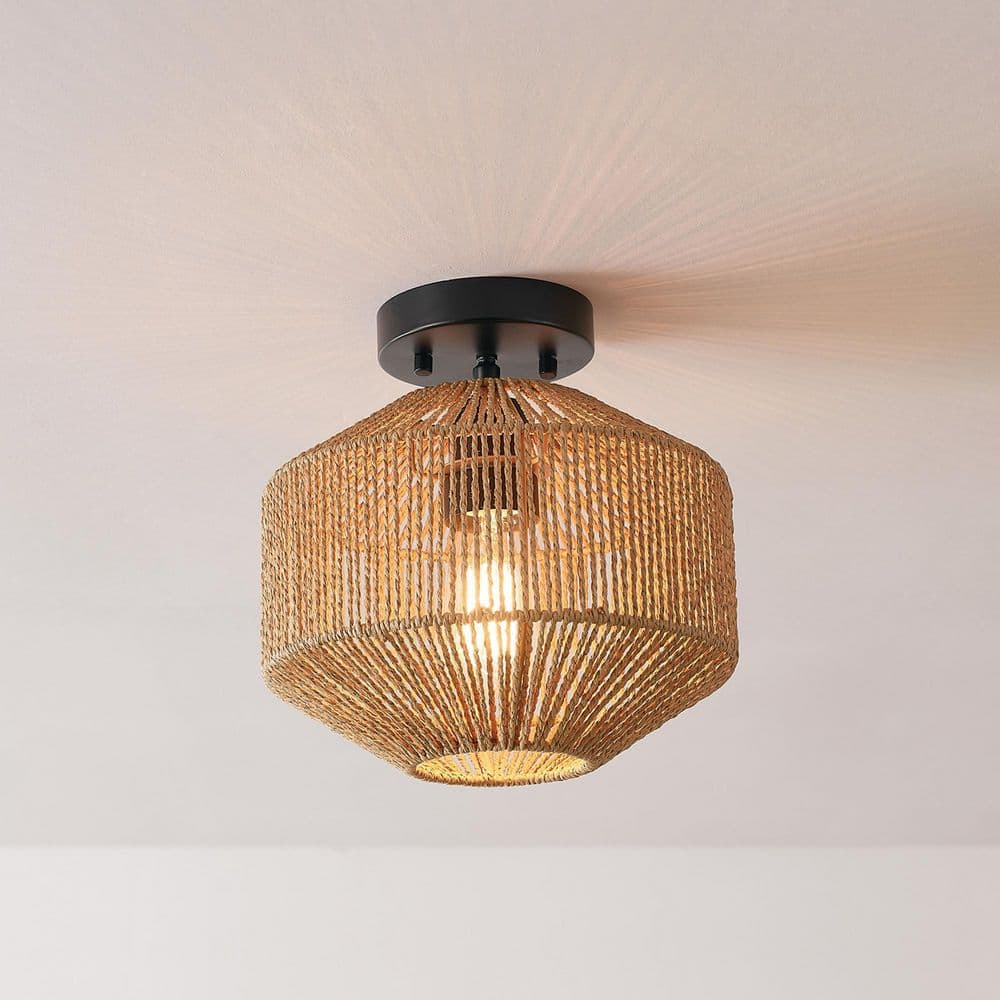 10.25 in. 1-Light Matte Black Semi-Flush Mount Ceiling Light with Paper Twine Shade - Hercitys