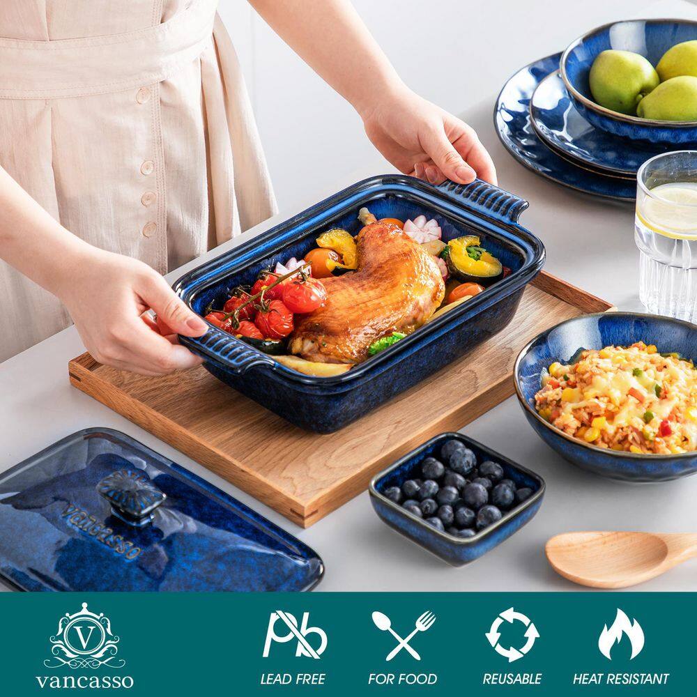1-Piece Rectangle Stoneware Casserole Dish Set with Lid Baking Tray Lasagna Pan Pie Dish Blue Bakeware 1.9 qt. - Hercitys