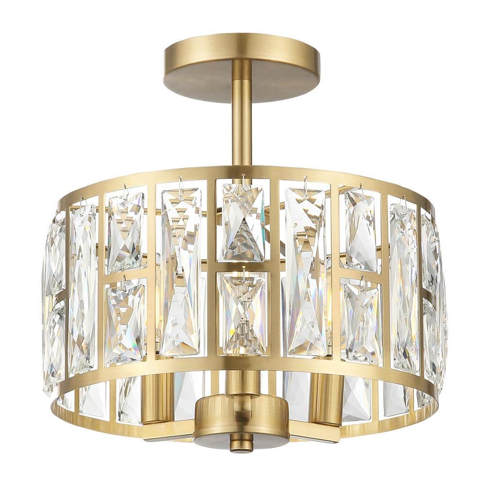 12 in. 3-Light Round Modern Gold Drum Semi Flush Mount Ceiling Light with Clear Crystal Glass - Hercitys