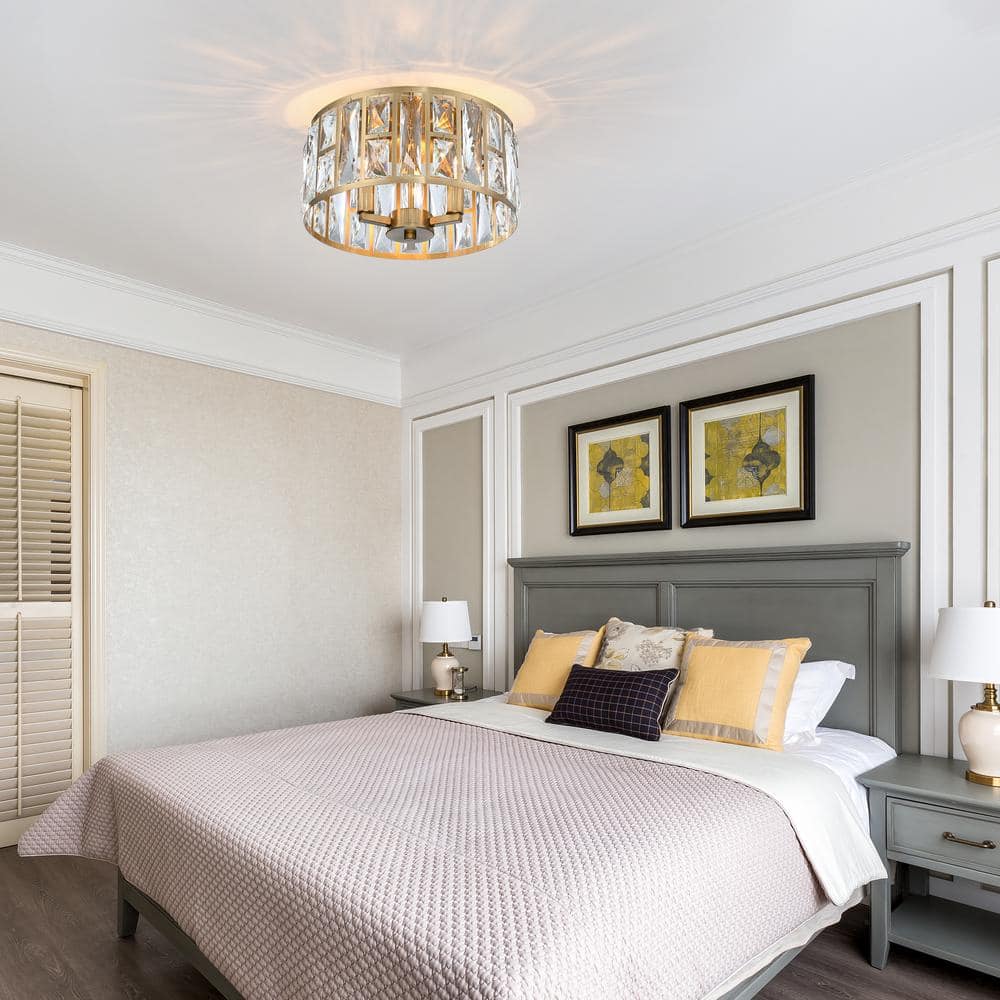 12 in. 3-Light Round Modern Gold Drum Flush Mount Ceiling Light with Clear Crystal Shade - Hercitys