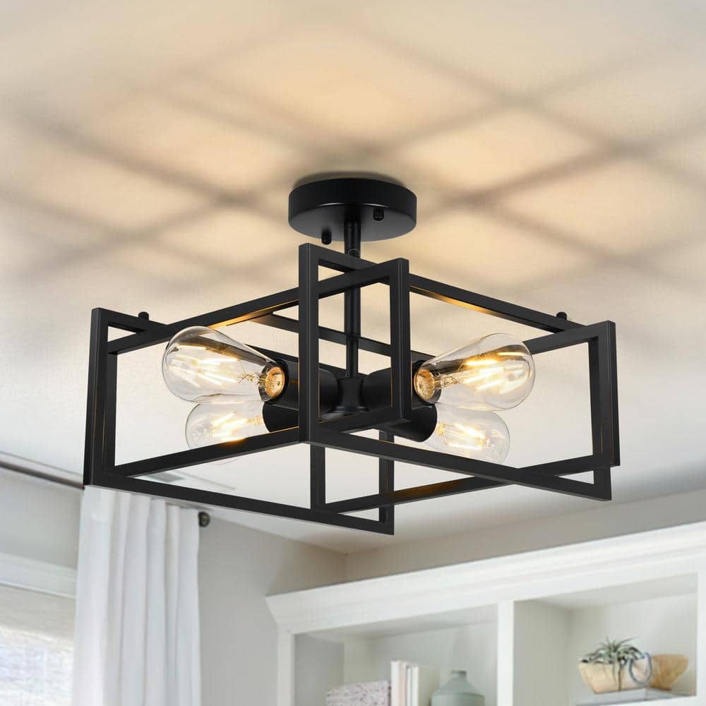 14.96 in. 4-Lights Black Industrial Square Frame Semi-Flush Mount Ceiling Light for Kitchen Island,Entryway,Hallway - Hercitys