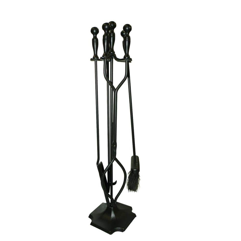 5-Piece Heavy-Duty Cast Iron Fireplace Tool Set in Black with Ergonomically Designed Handles - Hercitys