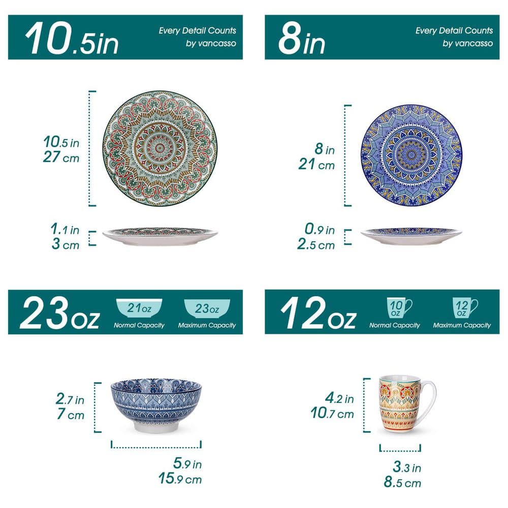 16-Piece Multicolored Porcelain Dinnerware Set Service for 4 Mandala Pattern Tableware Dining Set with Bowls Plates Mugs - Hercitys