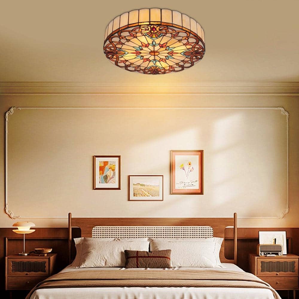 19.68 in. 4-Light Colorful Mosaic Vintage Tiffany Flush Mount Ceiling Light with Colorful Glass Shade, No Bulbs Included - Hercitys
