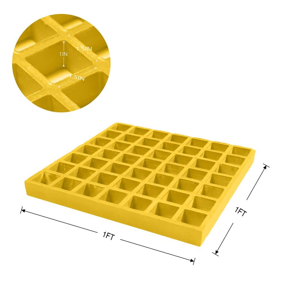 1 ft. x 1 ft. x 1 in. Fiberglass Molded Grating, 1.5 in. x 1.5 in. x 1 in., Yellow - Hercitys