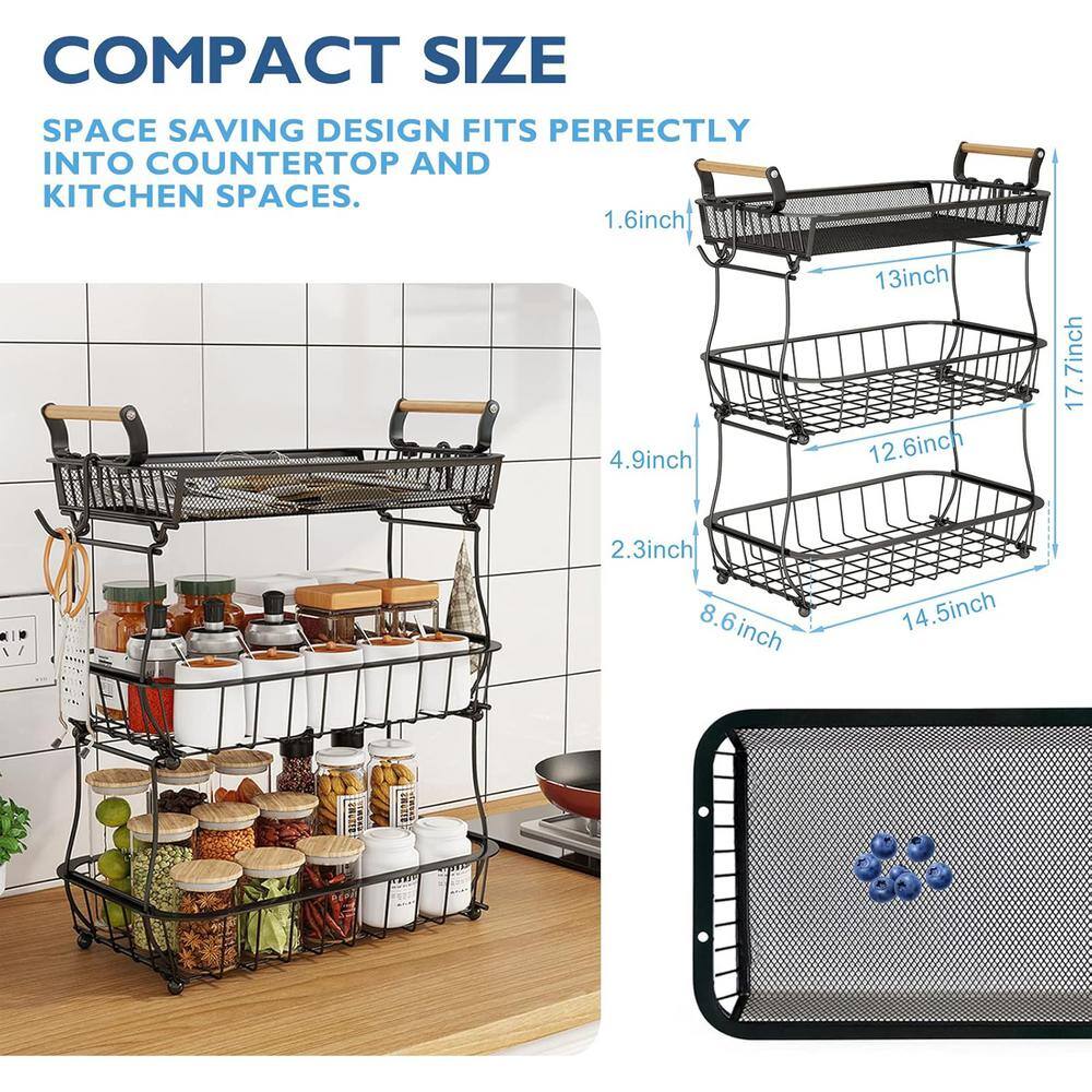 3 Tier Fruit Basket with 2 Banana Hangers for Kitchen Counter Metal Mesh Basket Fruits Stand in Black - Hercitys