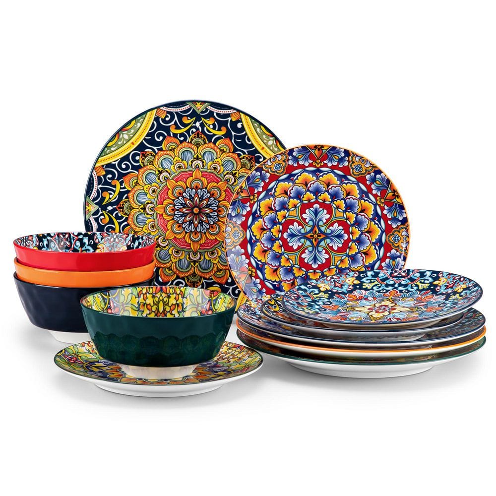 12-Piece Multi-Colored Porcelain Dinnerware Set Service for 4 Dining Set with Dinner Plates Dessert Plates and Bowls - Hercitys