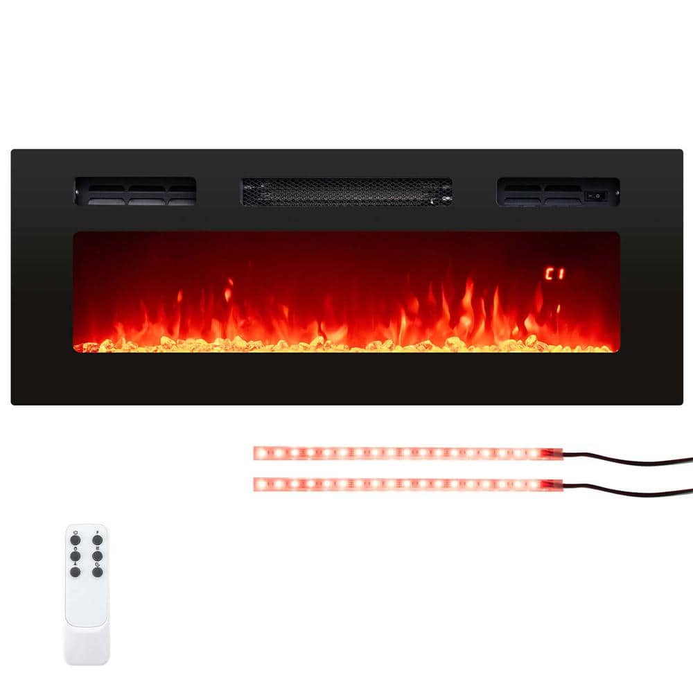 36 in. Black Wall-Mount 5,000 BTU Electric Fireplace with LED Light Strips Remote Crystal Stones - Hercitys