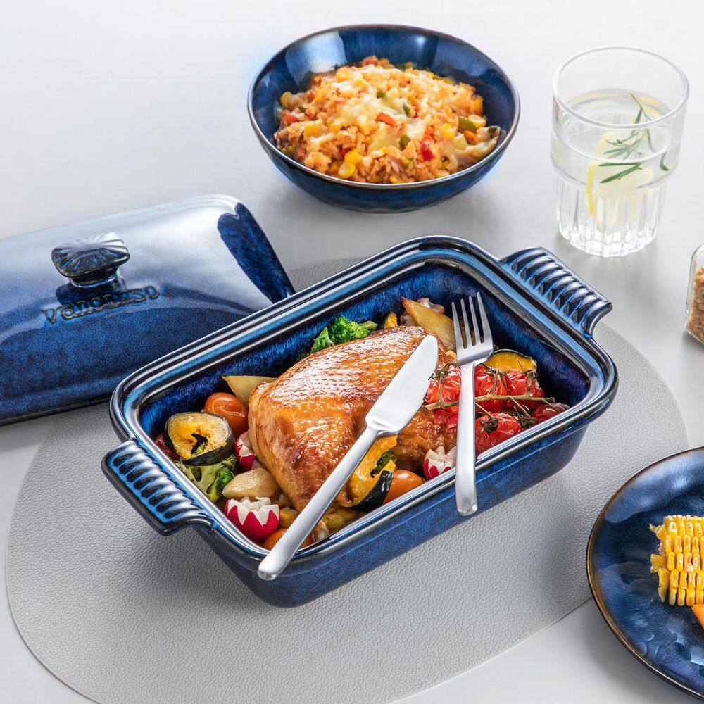 1-Piece Rectangle Stoneware Casserole Dish Set with Lid Baking Tray Lasagna Pan Pie Dish Blue Bakeware 1.9 qt. - Hercitys