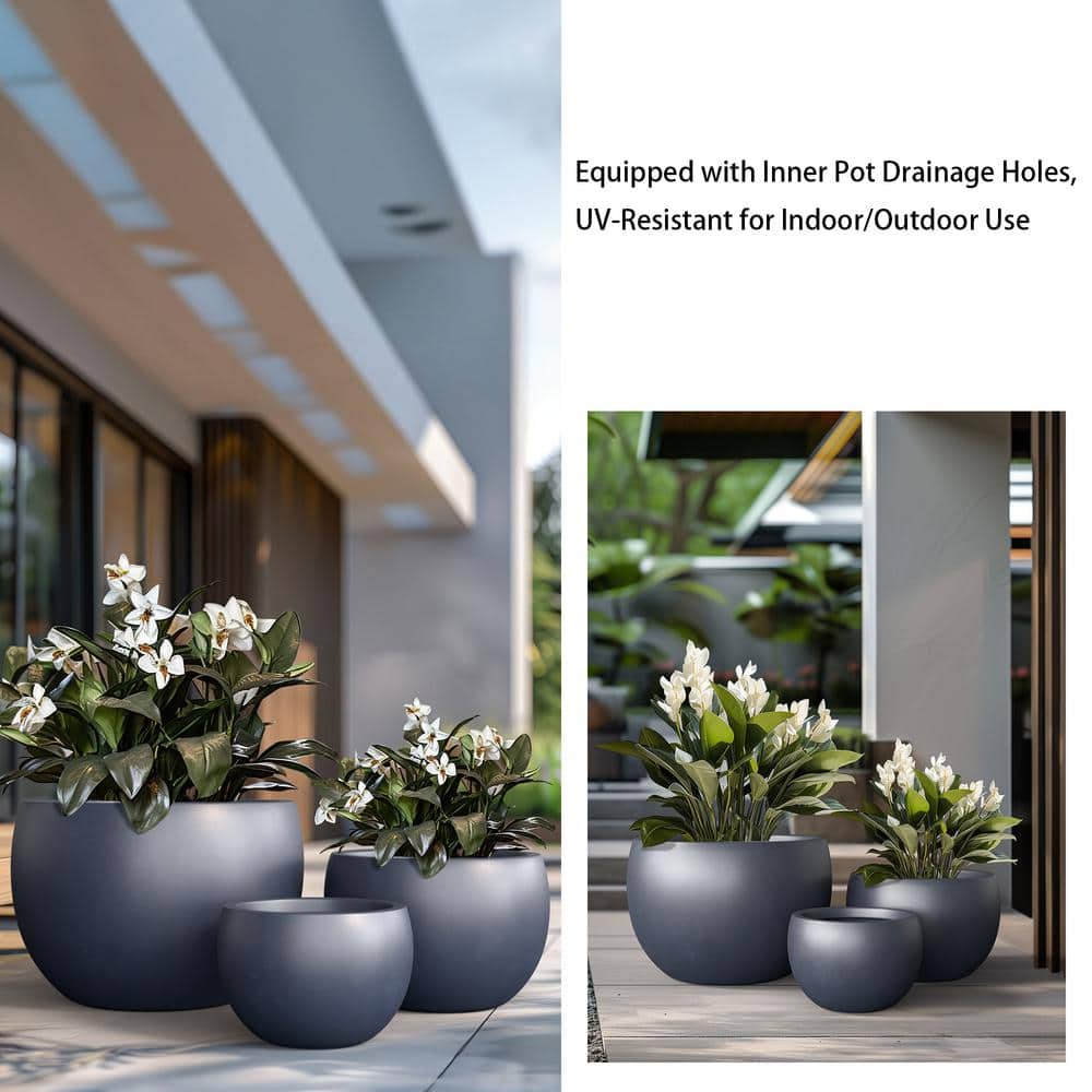 11.5 in.,15 in.,19 in. Large Granite Gray Concrete Round planter / Pot with drainage holes (Set of 3) - Hercitys