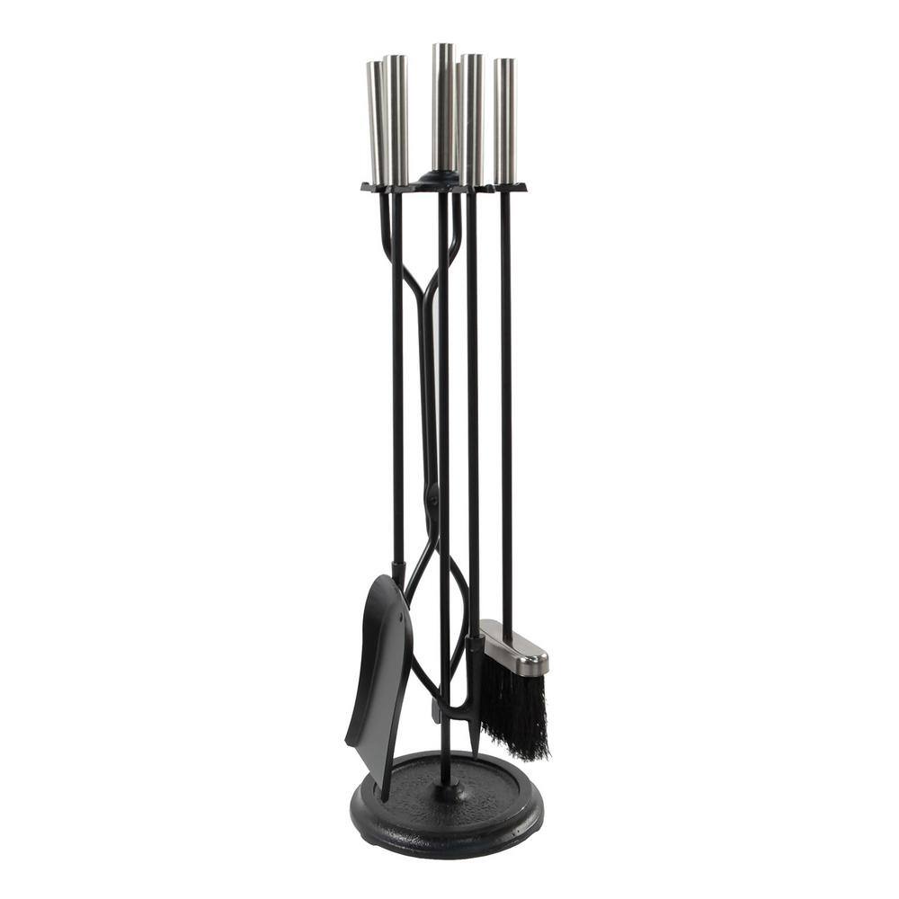 30 in. Tall 5-Piece Chrome and Black Neoclassic Fireplace Tool Set with Round Base - Hercitys