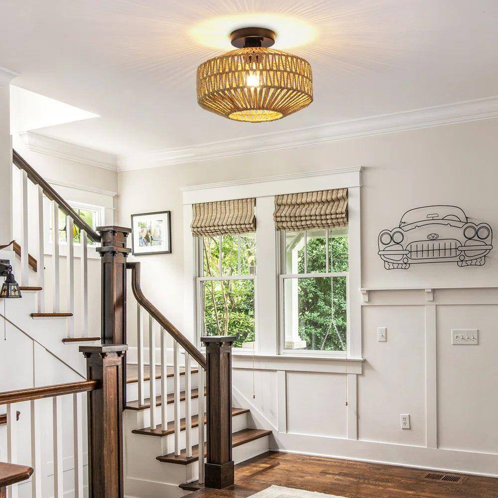 11.81 in. 1-Light Black/Brown Rattan Semi Flush Mount Chandelier for Hallway Entryway Dining Room - Hercitys