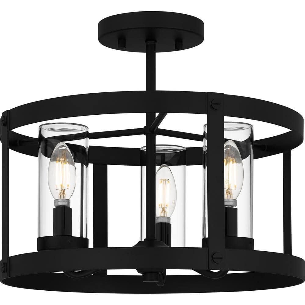 3-Light Matte Black Outdoor Semi-Flush Mount Light with Clear Glass Shades - Hercitys