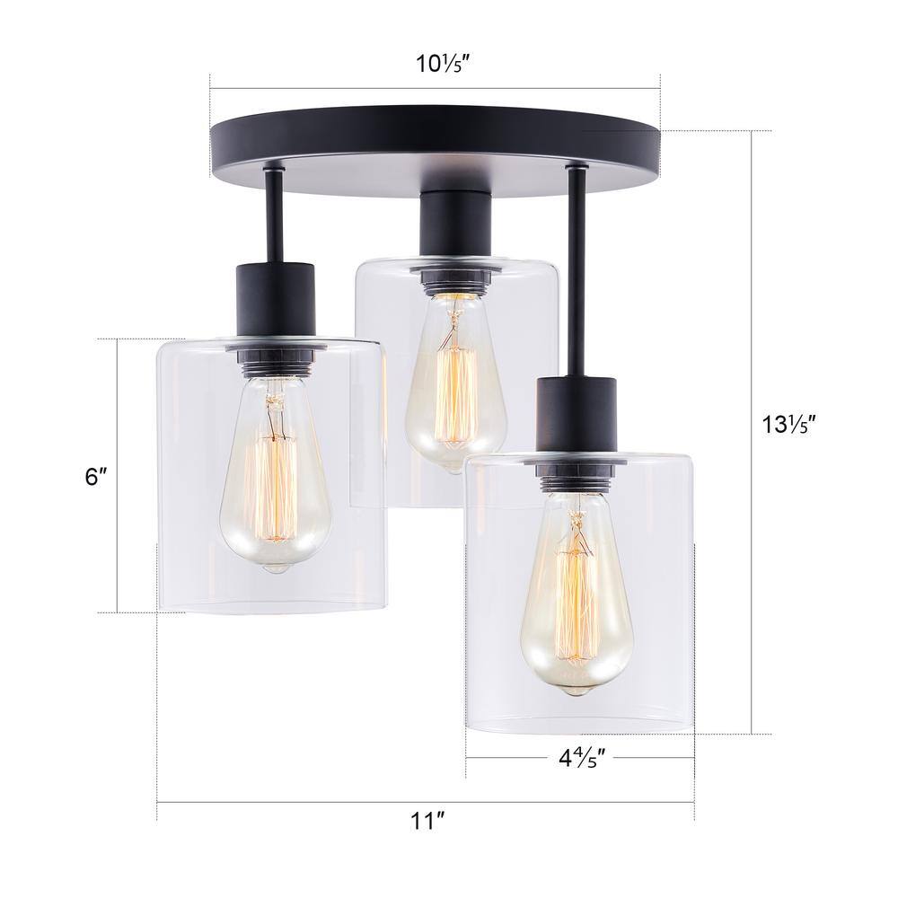 11 in. 3-Light Matte Black Cluster Semi-Flush Mount - Hercitys