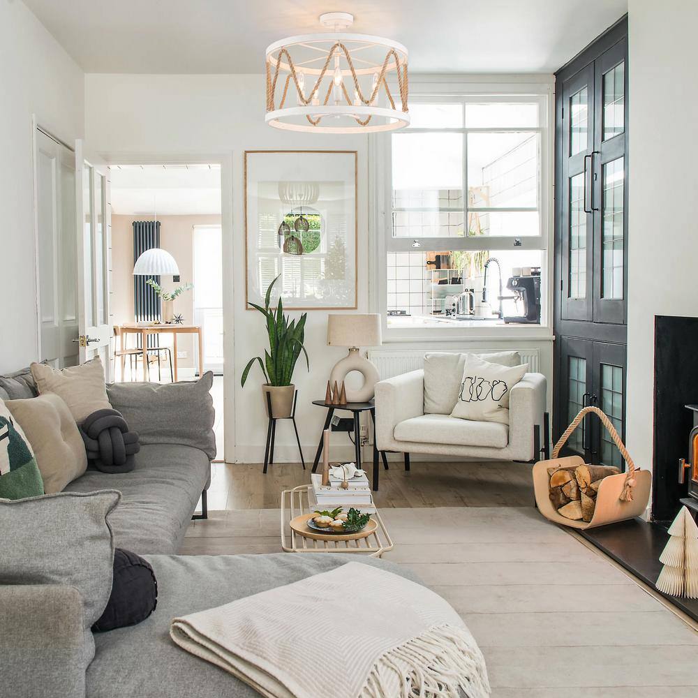 19.68 in. 5-Light White Metal Hemp Rope Candlestick Semi-Flush Mount Light Ceiling Light for Kitchen Island - Hercitys