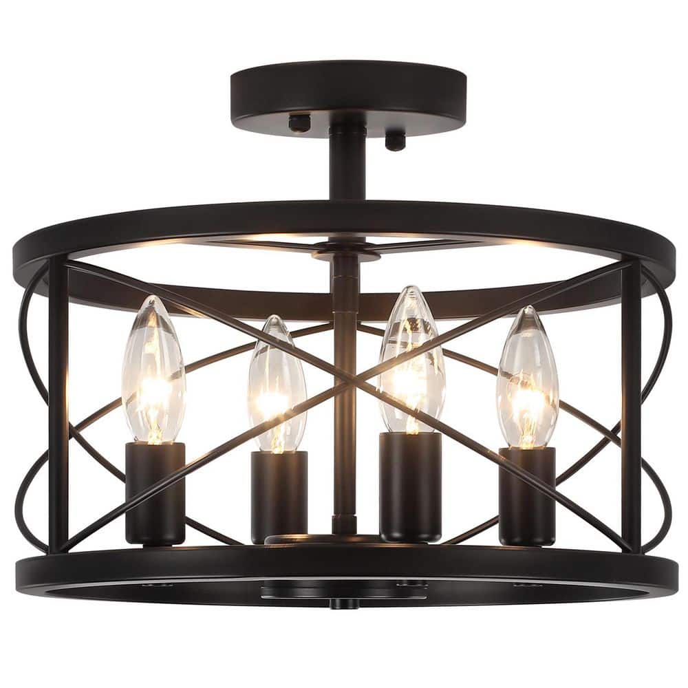 13 in. 4-Light Black Drum Semi Flush Mount Ceiling Light with No Bulbs Included - Hercitys