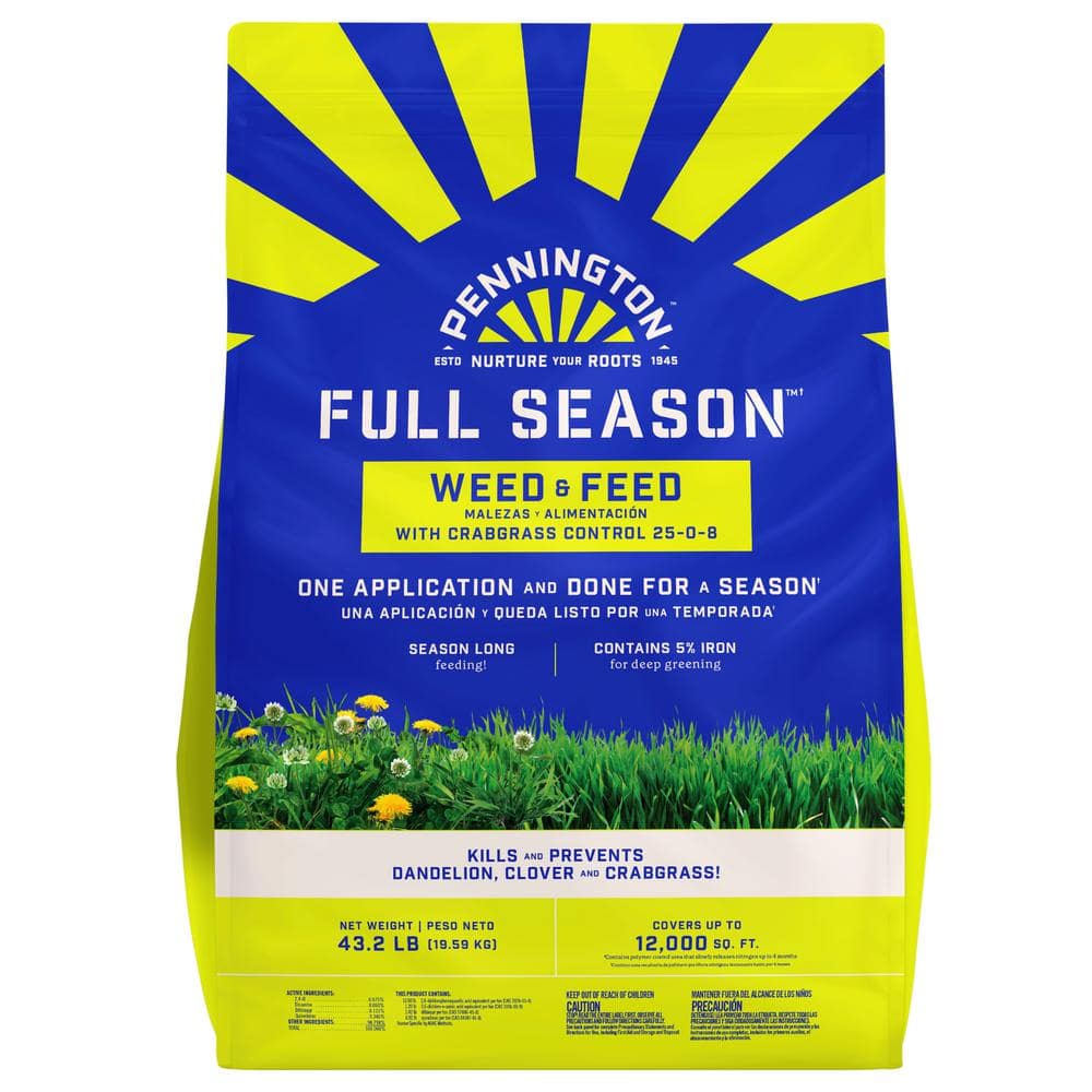 43.2 lbs. 12,000 sq. ft. Full Season Weed and Feed Lawn Fertilizer Granules Plus Crabgrass Control 25-0-8 - Hercitys