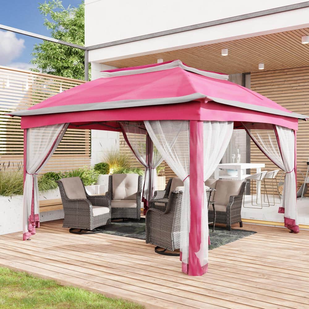 11 ft. x 11 ft. Pink Steel Pop-Up Gazebo with Mosquito Netting - Hercitys