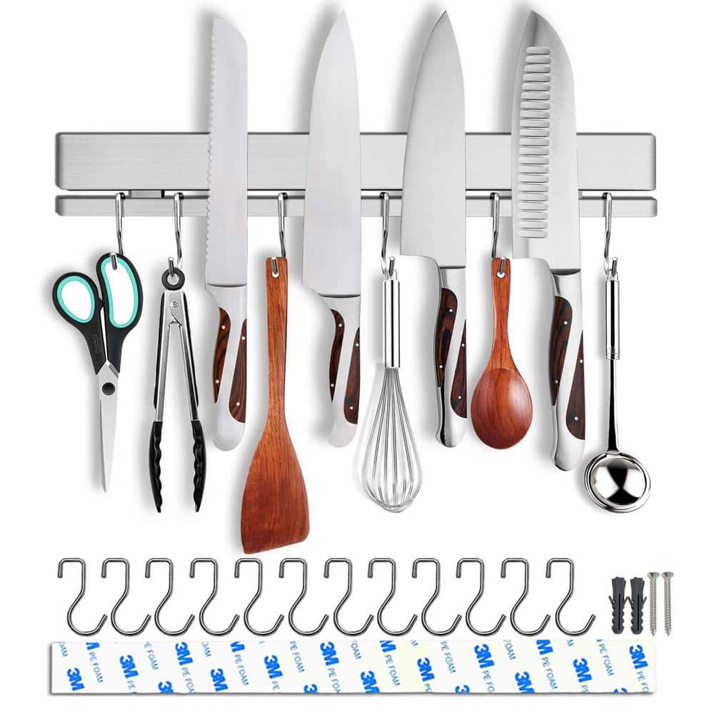 5-Knife 17 in. 304 Stainless Steel Magnetic Knife Strip, Magnetic Knife Bar with 12 Hooks and 3 Mounting Options - Hercitys