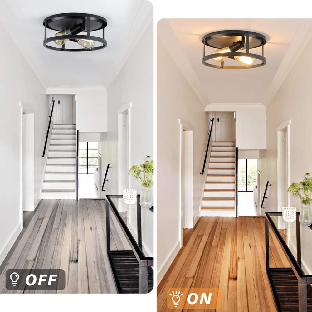 12.7 in. 2-lights Matte Black Flush Mount Ceiling Light Fixtures With Cage-style Straight Metal Frame (2-Pack) - Hercitys