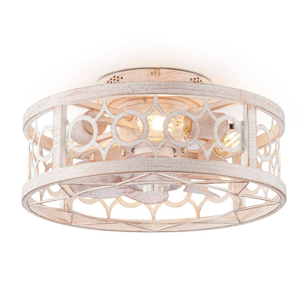 16 in. Indoor White Gold Caged Flush Mount Modern Ceiling Fan with Light Kit and Remote Control - Hercitys