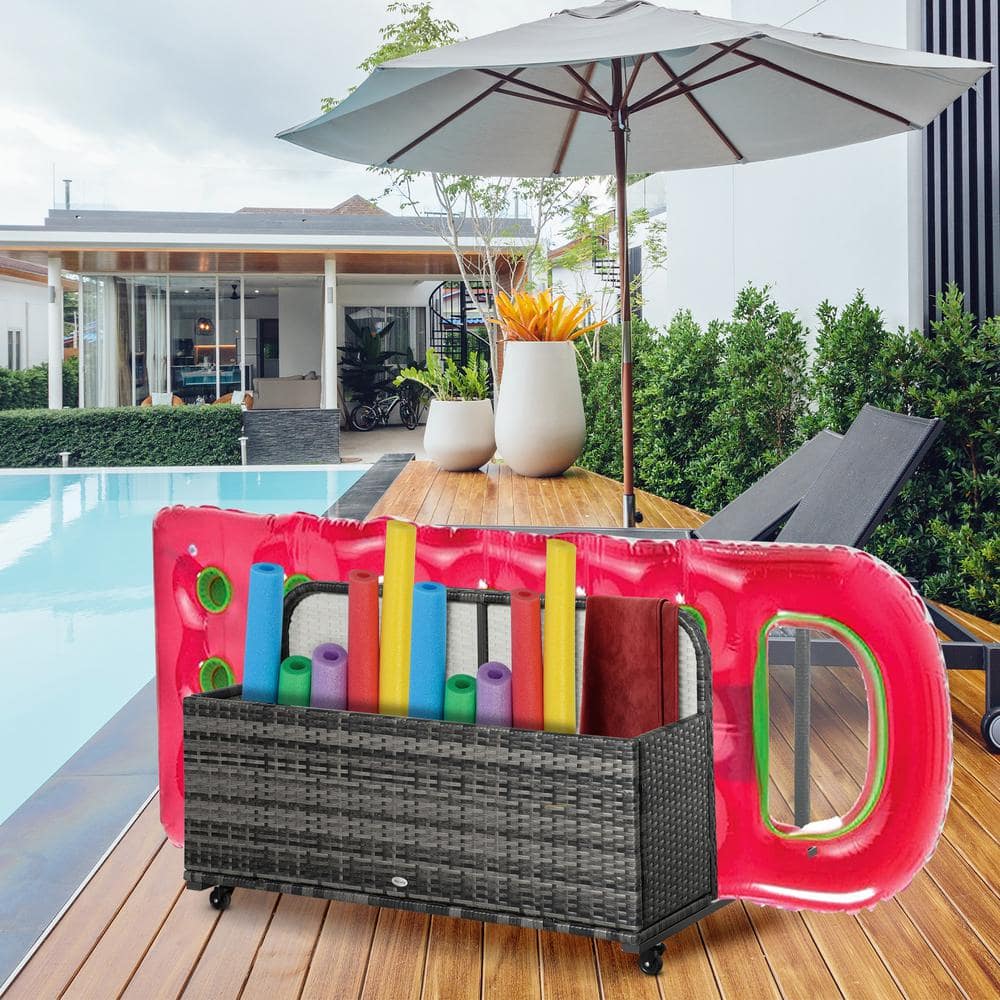 40 Gal. Grey Rattan Wicker Rolling Deck Box for Floats, Noodles, Paddles, Balls, Towels, Accessories - Hercitys